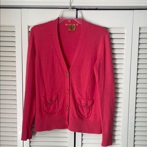 Tory Burch Pink Cardigan sweater cashmere blend Sz M gold logo buttons soft cozy